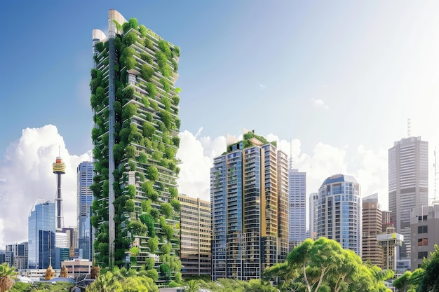 Green tower in urban landscape promotes sustainability and green living