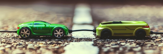 Green Toy Cars on Road Creative CloseUp Perspective Closeup of green toy cars connected by cord on road Unique perspective with focus on tiny details