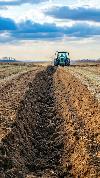 Photo a green tractor digs a trench in a brown field preparing the land for a bountiful harvest