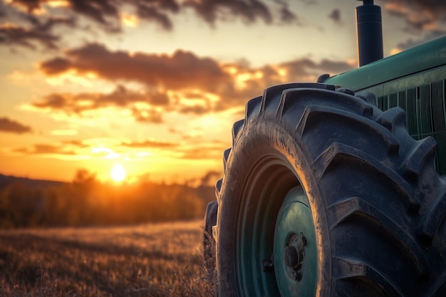 Photo green tractor on field at sunset