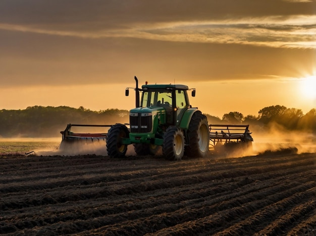 a green tractor is plowing a field with the sun setting behind it