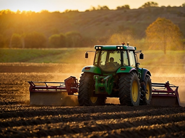 a green tractor is plowing a field with the sun shining on it