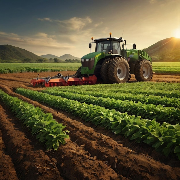 Photo a green tractor is plowing a field with a tractor