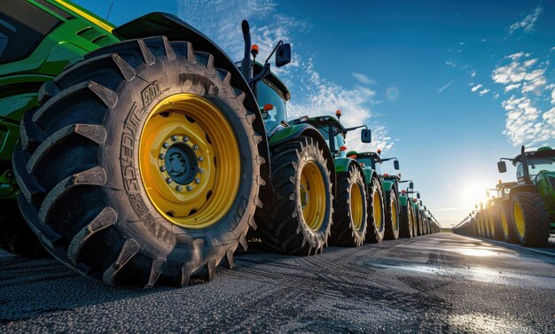 Photo green tractor lineup in the sunset