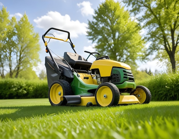 a green tractor with a yellow top is in the grass