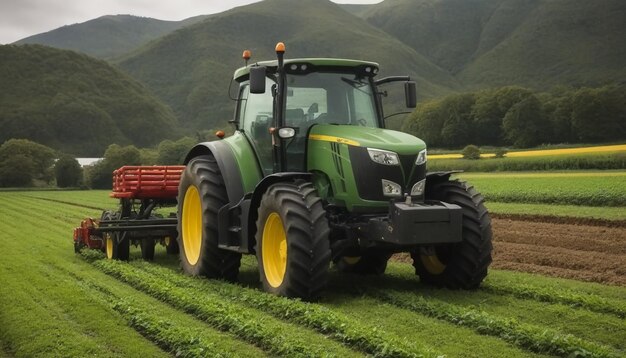 Photo a green tractor with yellow wheels is in a field with mountains in the background