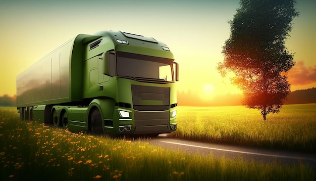 Green transport truck Generative AI is traveling through a hazy green meadow at morning