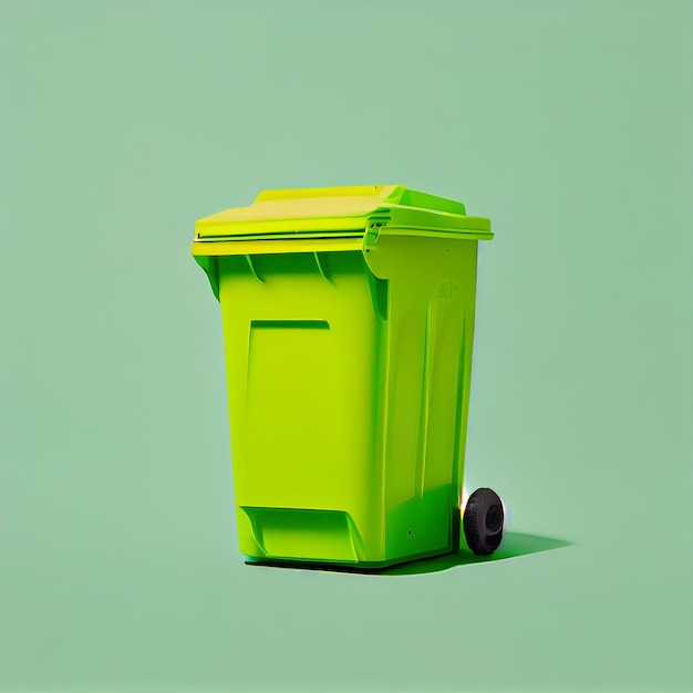 A green trash can with a black wheel on it