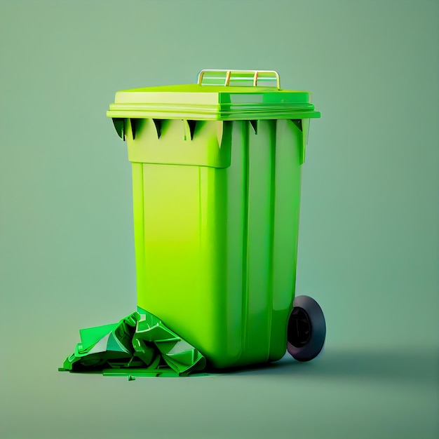 A green trash can with a black wheel on it