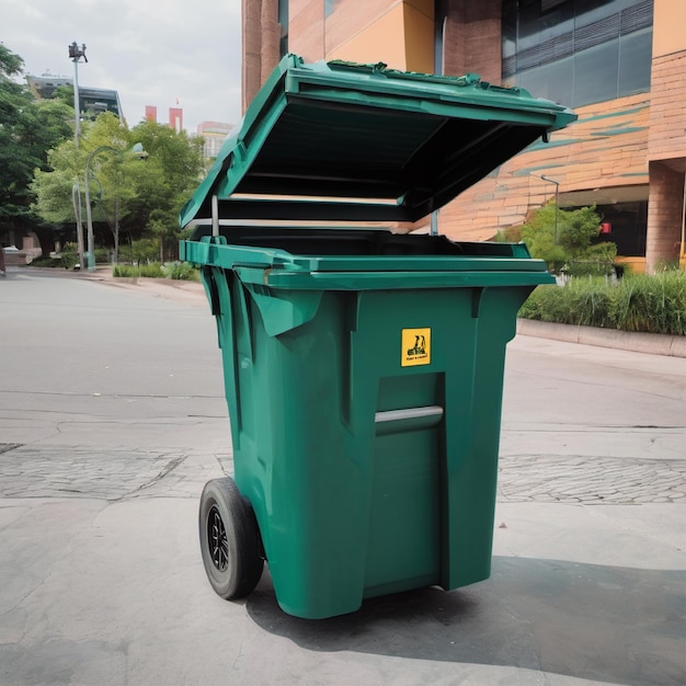 a green trash can with a yellow sticker that says quot recycling quot