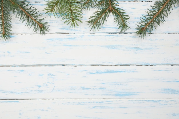 Green tree branches at the top of the image on a white wooden