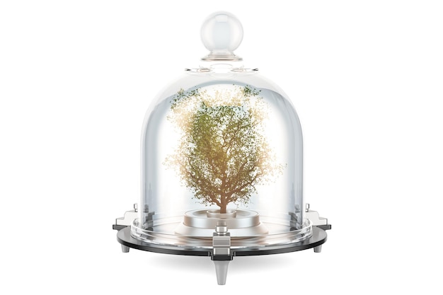 Photo green tree covered by glass bell conservation and protection concept 3d rendering