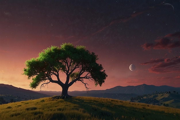 Green tree in the field with full moon in background