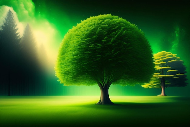 A green tree in a field with a green background.