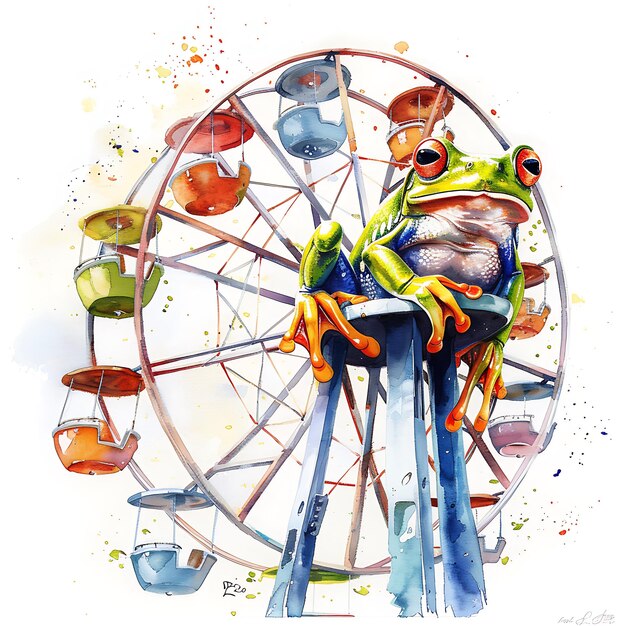 Photo green tree frog on a ferris wheel watercolor illustration