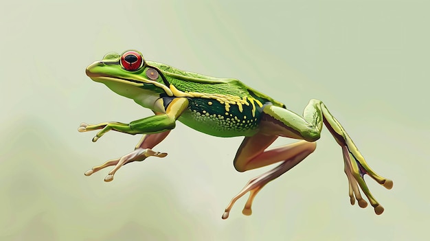 A green tree frog with red eyes leaps across a green and white background