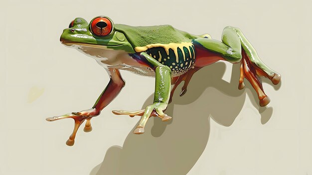 A green tree frog with red eyes and orange legs is perched on a branch