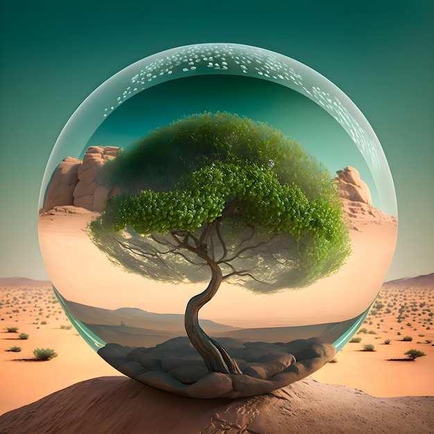 Green tree in a glass transparent bubble concept for ecology climate change or earth day