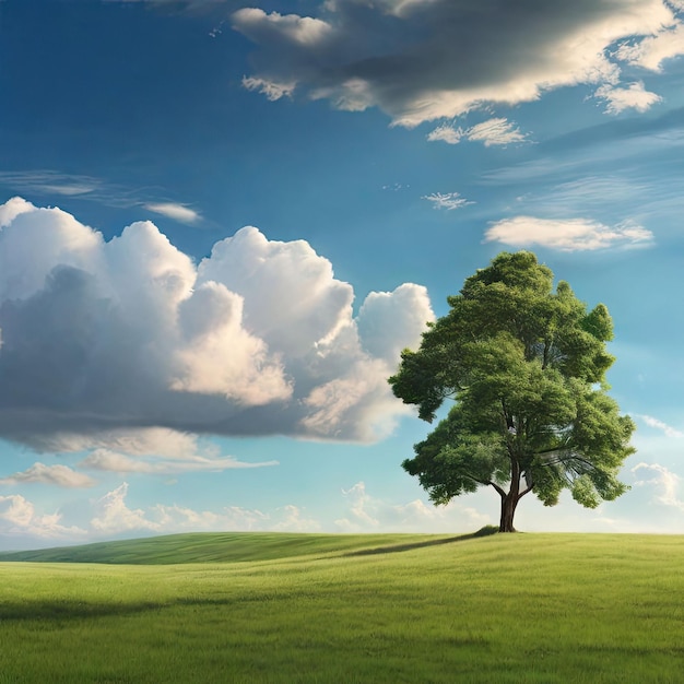 a green tree on a green field with a sky background