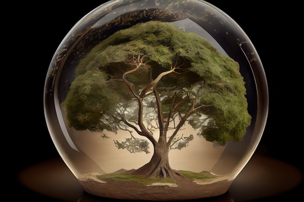 Green tree growing inside glass ball transparent bubble Nature conservation eco awareness ecology responsibilty concept AI generative