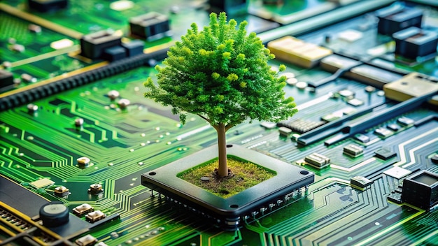 Green tree growing out of electronic components mounted on the motherboard plant branch circuitry