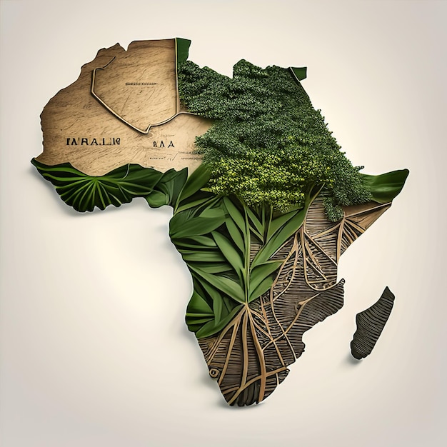 Green tree leaves inside map of Africa