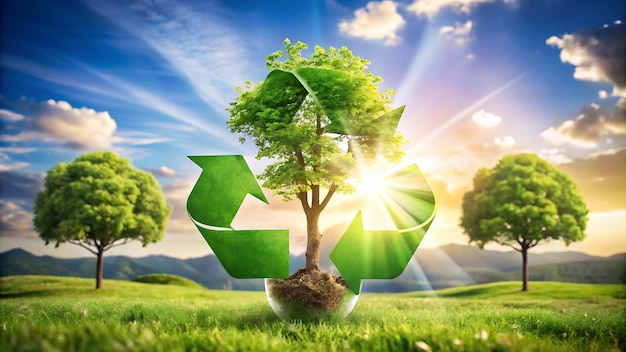 a green tree with a green recycle symbol on the grass