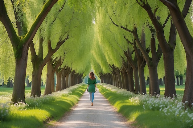 Green trees alley and happy young woman in beautiful blooming park in summer in Slovenia Landscape with girl path trees with green leaves liana in spring Lifestyle background Nature Tree tunnel