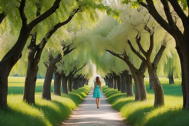 Green trees alley and happy young woman in beautiful blooming park in summer in Slovenia Landscape with girl path trees with green leaves liana in spring Lifestyle background Nature Tree tunnel