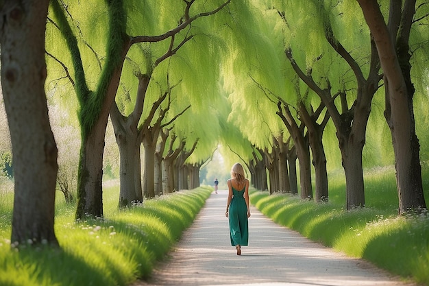 Green trees alley and happy young woman in beautiful blooming park in summer in Slovenia Landscape with girl path trees with green leaves liana in spring Lifestyle background Nature Tree tunnel