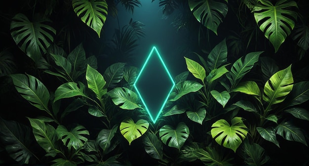 a green triangle in the jungle with tropical plants