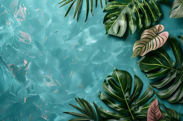 Green Tropical Leaves Arranged on a Teal Textured Background Generative AI