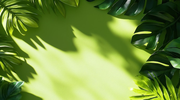 Photo green tropical leaves frame with sunlit shadows on green background