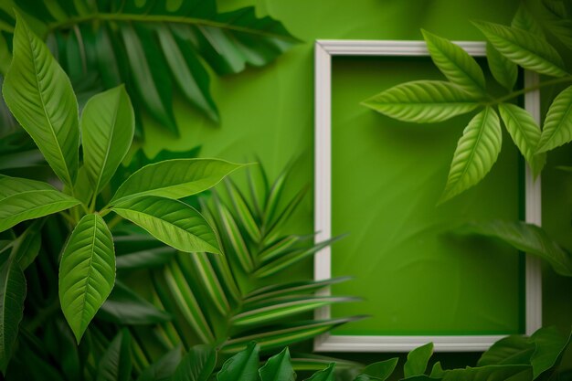 Green tropical leaves and white frame on green wall background Copy space