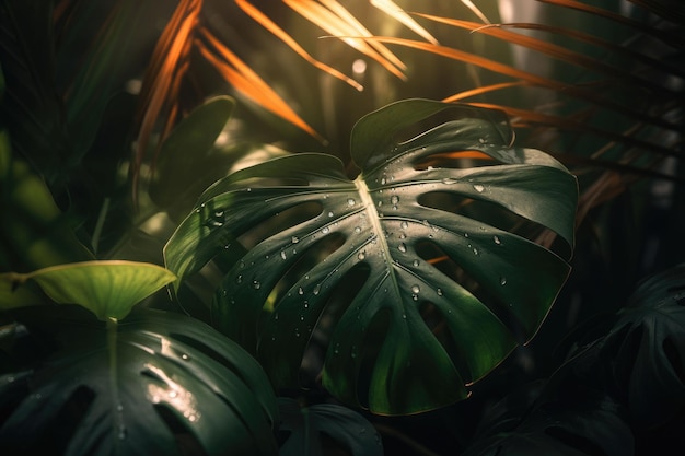 Green tropical palm leaves Minimal summer abstract jungle or forest pattern Generative AI