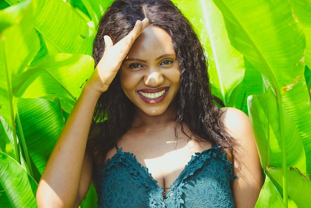 Green Tropical shoot of african american beauty.