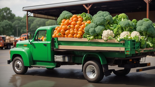 A green truck is filled with giant heads of cauliflower and broccoli and large oranges Some of the