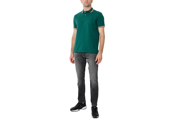 Green tshirt on a man layout isolated on a white background copy space