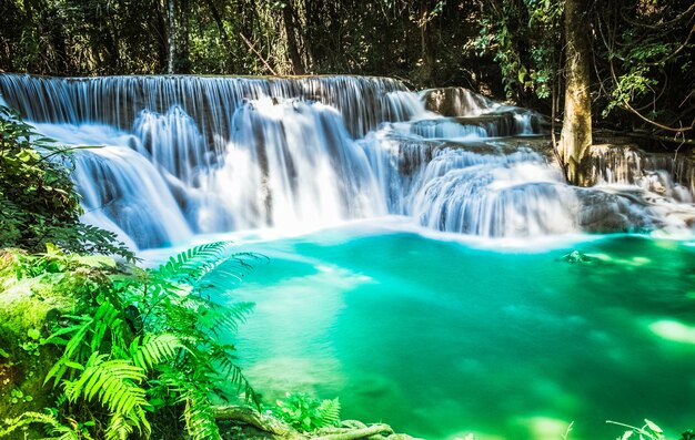 Green turquoise water of waterfall