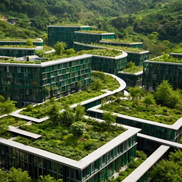 Photo green urban area with ecofriendly buildings and lush greenery symbolizing sustainability