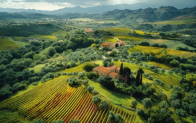 Photo a green valley with a house and trees and a red roof