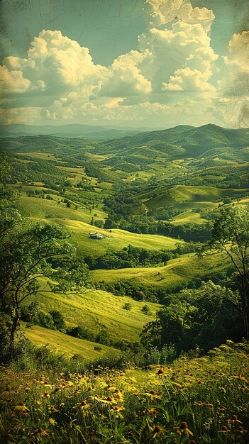 a green valley with a mountain in the background