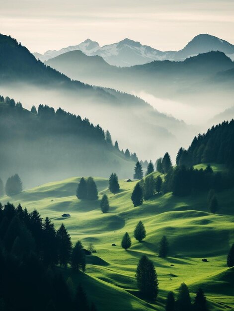 a green valley with mountains in the background