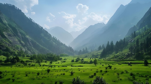 a green valley with mountains in the background