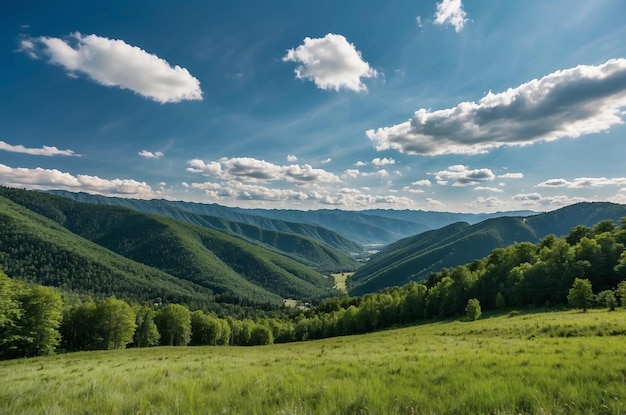 a green valley with a road in the middle and a blue sky with clouds