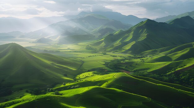 a green valley with the sun shining on the hills