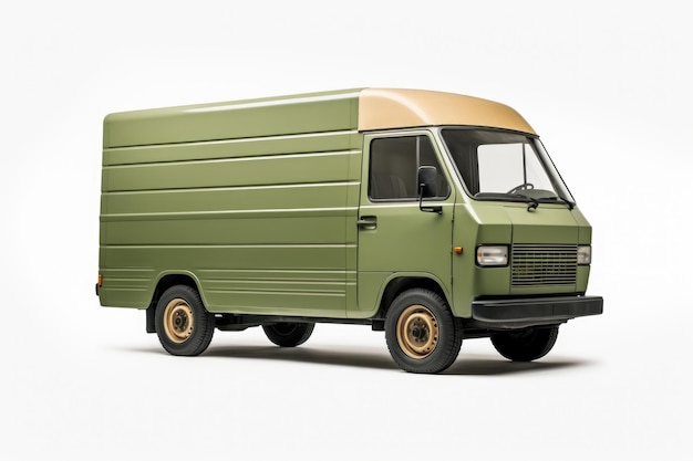 A green van with a tan roof is parked on a white background