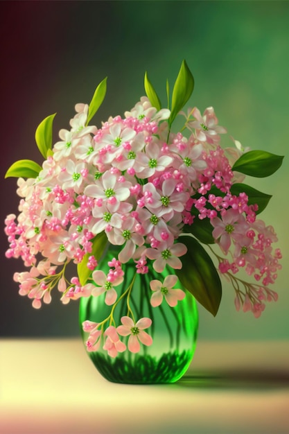 Green vase filled with pink and white flowers generative ai