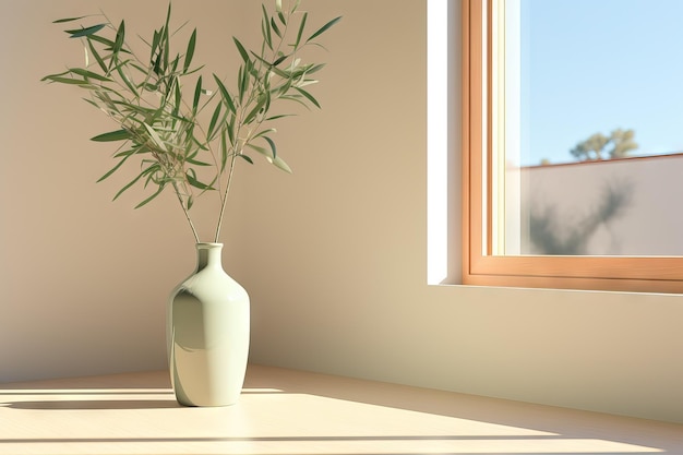 Green vase has a tree in the style of realistic Generative AI