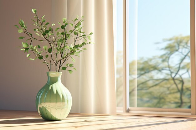 Green vase has a tree in the style of realistic Generative AI